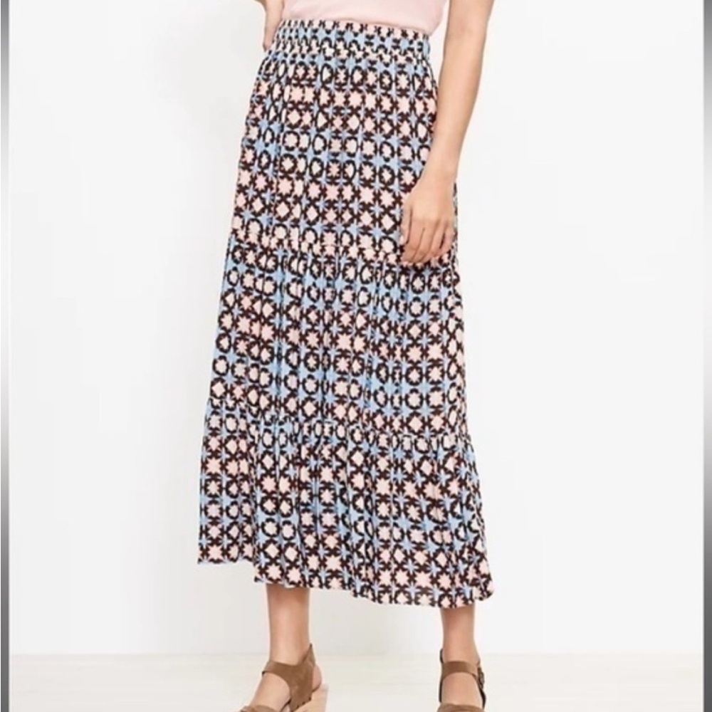 LOFT batik print tiered maxi skirt. Colors of blues, pink, brown & cream.Sz.-Med